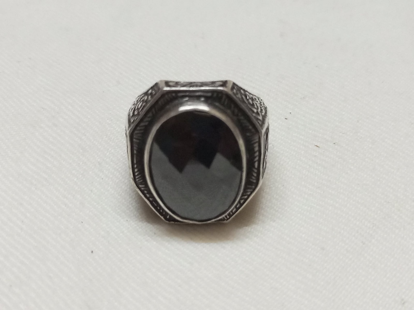 Vintage Turkish Men’s Ring 925 Sterling Silver Black Onyx Carved Engraved 18.4g