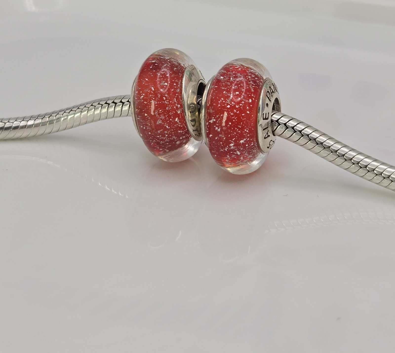Authentic Pandora Pair of Disney Red Snow White Charms Murano Glass