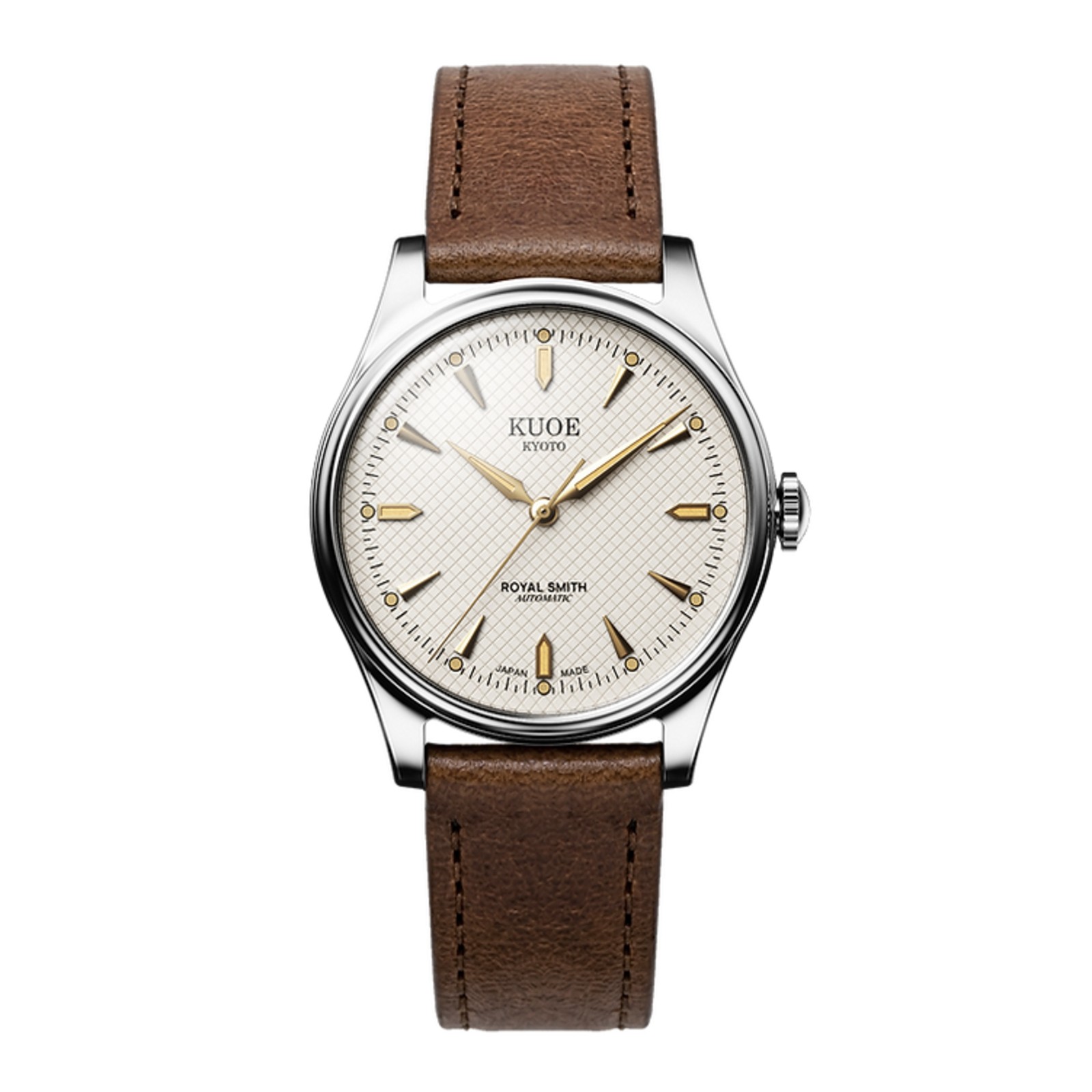 Kuoe Royal Smith 90-006 Automatic Silver Watch Men Ivory Waffle Dial Brown Strap