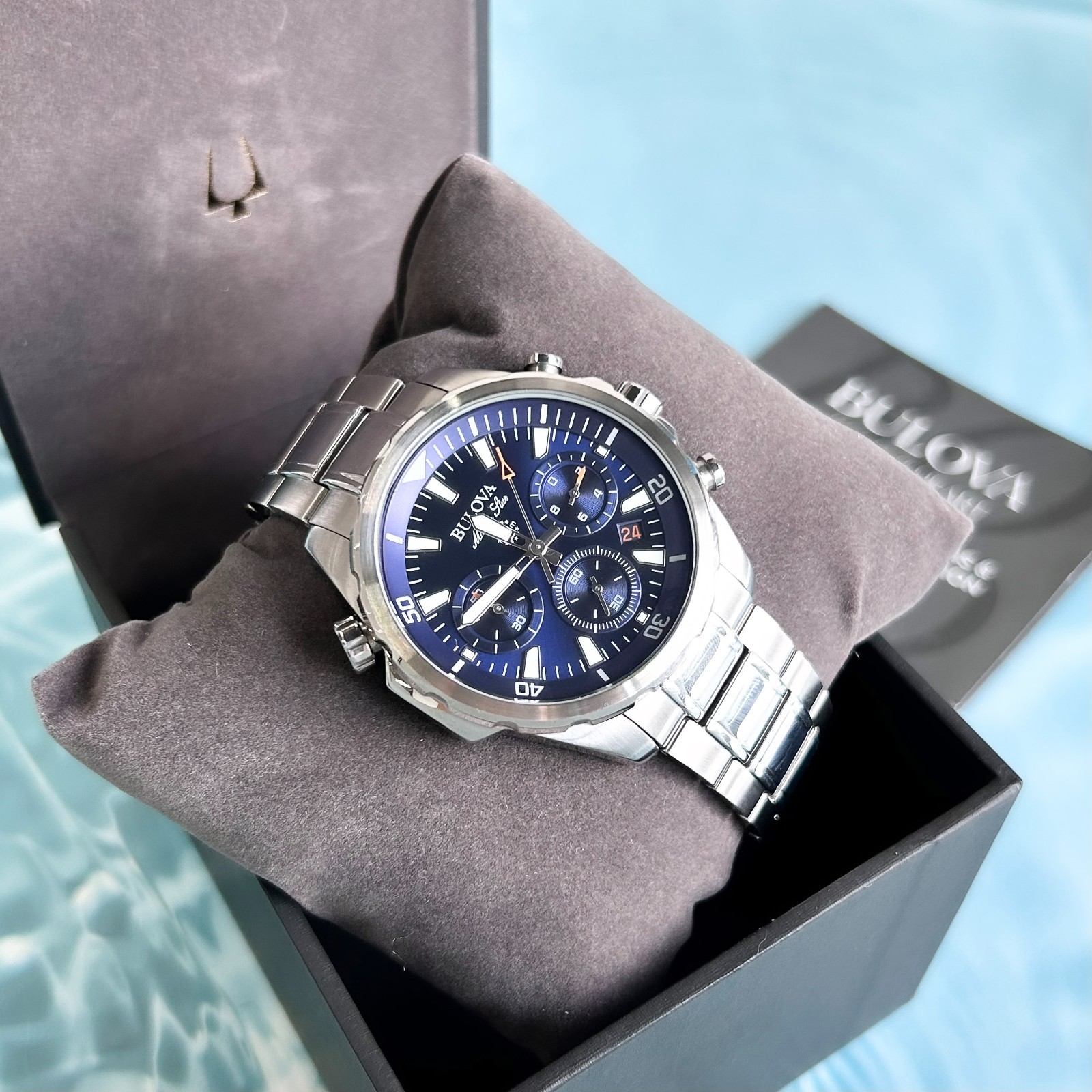 Bulova Classic Marine Star Chronograph Blue Dial Stainless Steel Men Watch 43MM