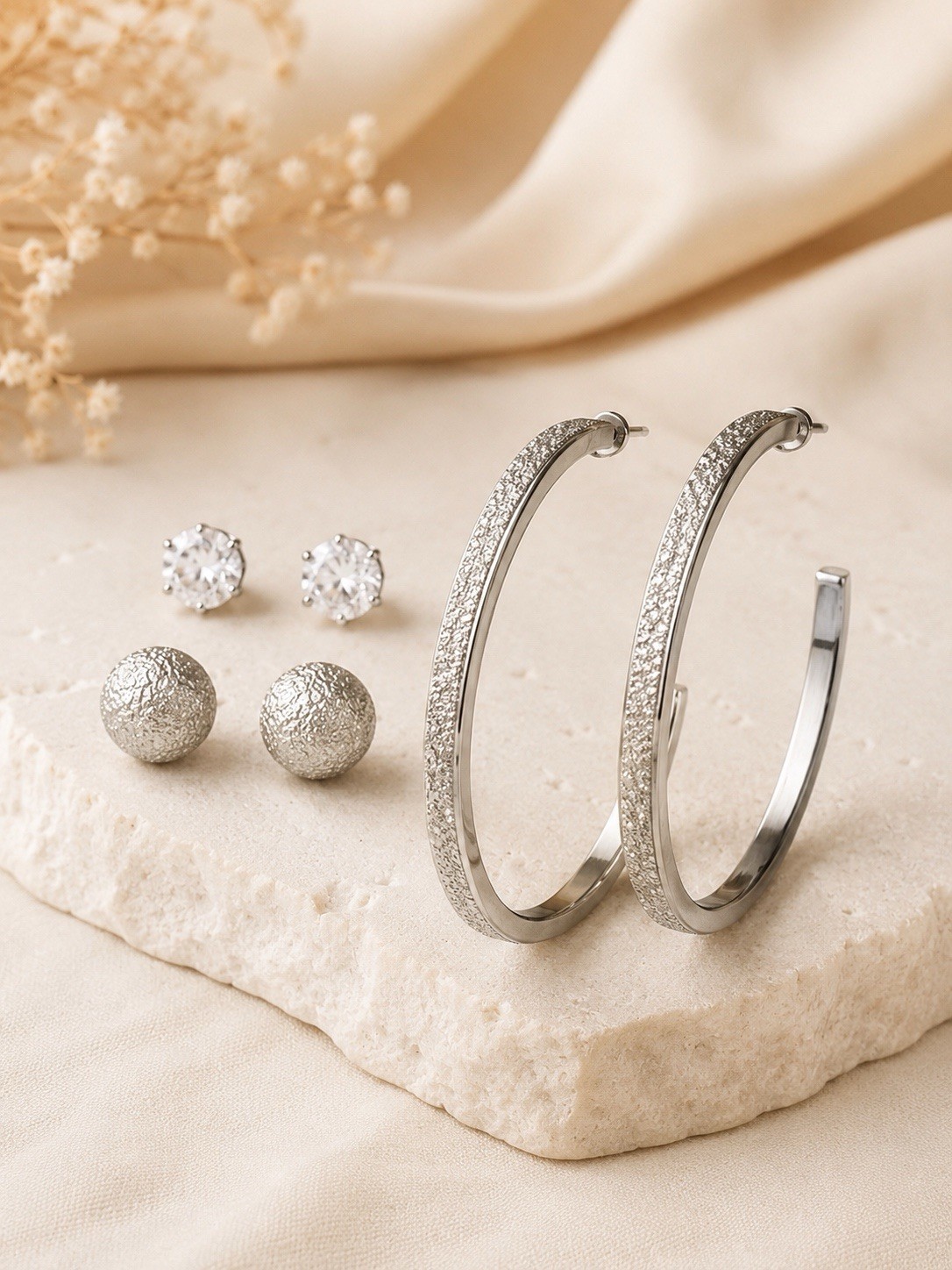 3 Pair Silver Tone Earrings Set Hoop Stud Textured Ball Gift Box Included