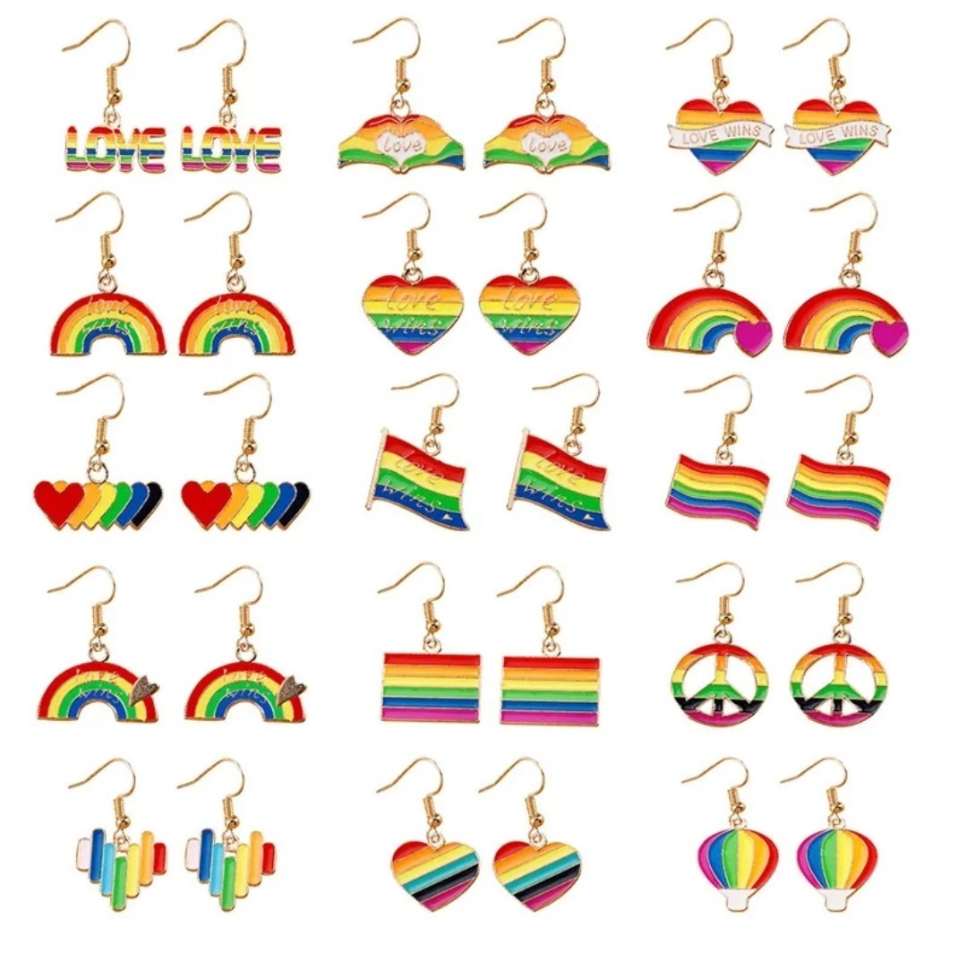3x Rainbow Enamel Heart Dangle Drop Hook Earrings Multicolor Love Peace Theme