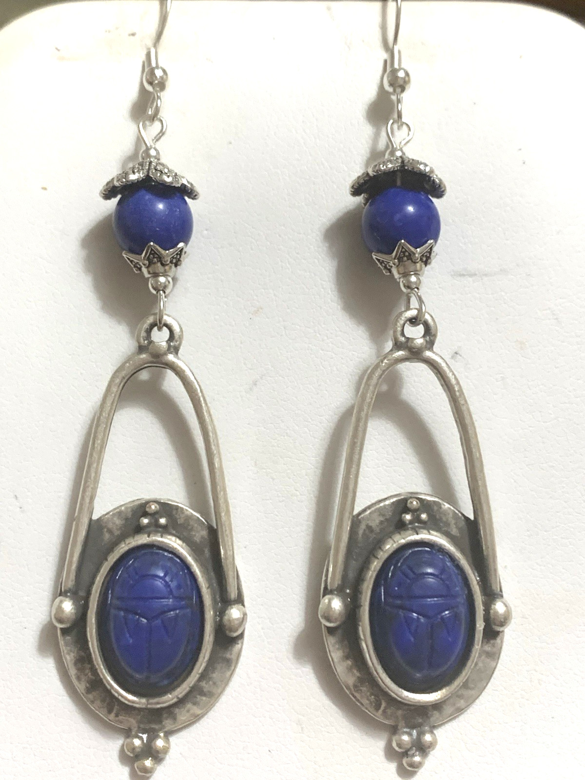 NEW ITEM* HANDCRAFTED EGYPT CARVED VTG. LAPIS SCARAB EARRINGS-NEW-.925 EAR WIRES