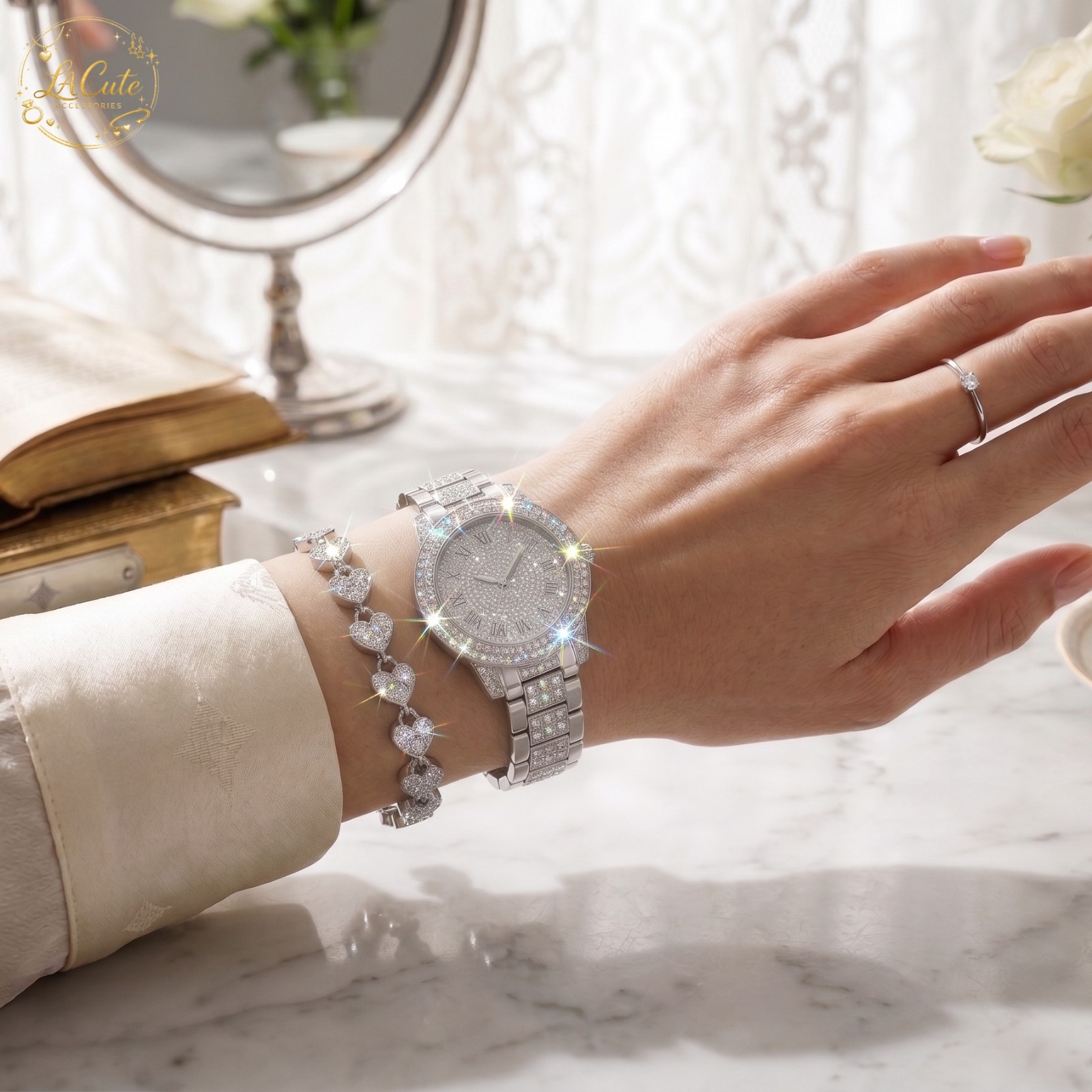 [US STOCK] Luxury Crystal Women Watch Bracelet Set Iced Out Diamond Quartz Gift
