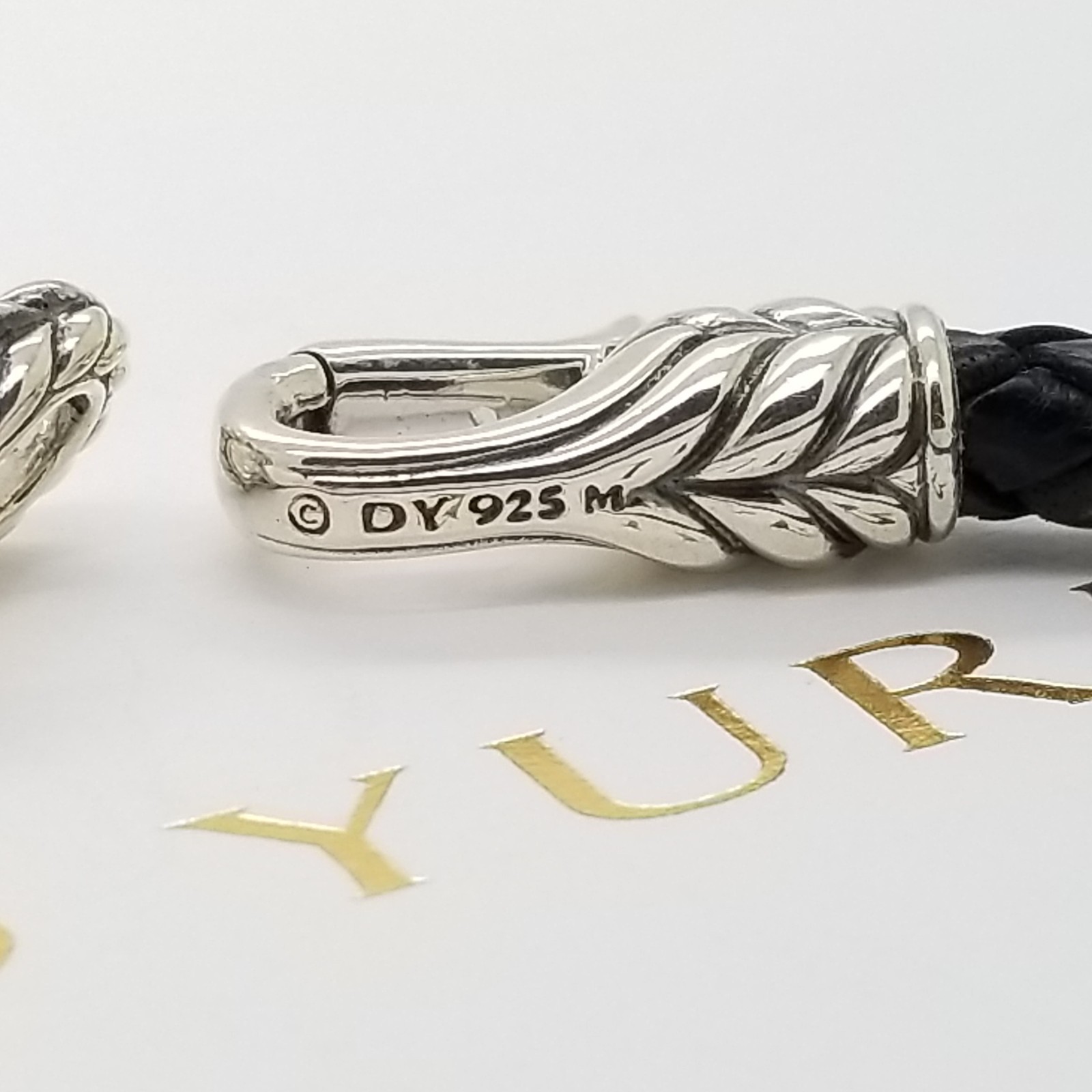 David Yurman Mens 925 Sterling Silver 8.5in Black Leather Woven Chevron Bracelet
