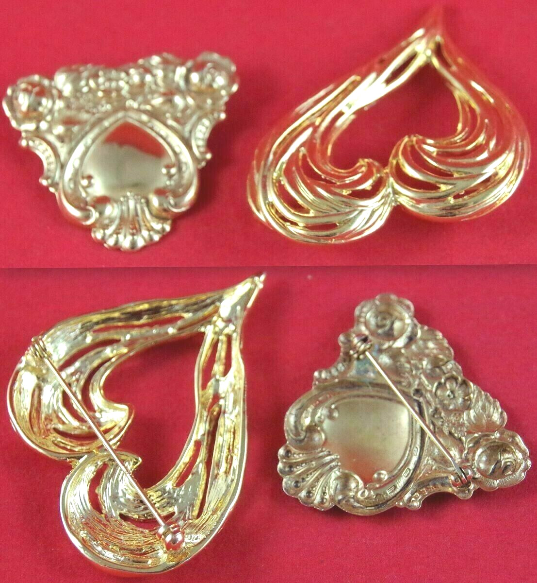 Minty! Lot 2 VTG 2.25″ ABSTRACT & VICTORIAN REVIVAL GOLD TONE HEART BROOCH PINS