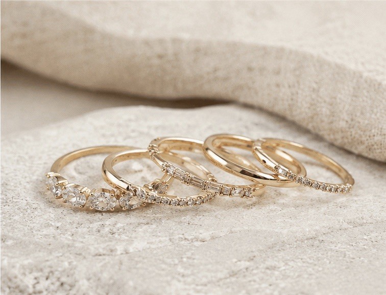 Gold Tone Crystal Stackable Ring Set 5 Piece Size 6