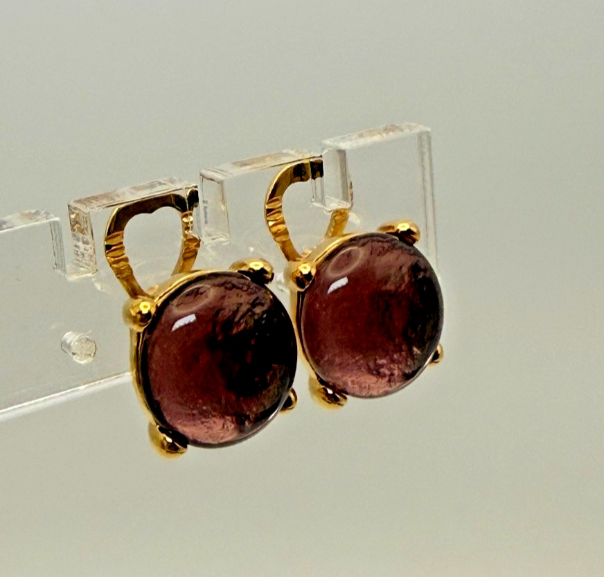 Vintage Napier Faux Amethyst Cabochon Clip On Earrings Gold Tone Signed
