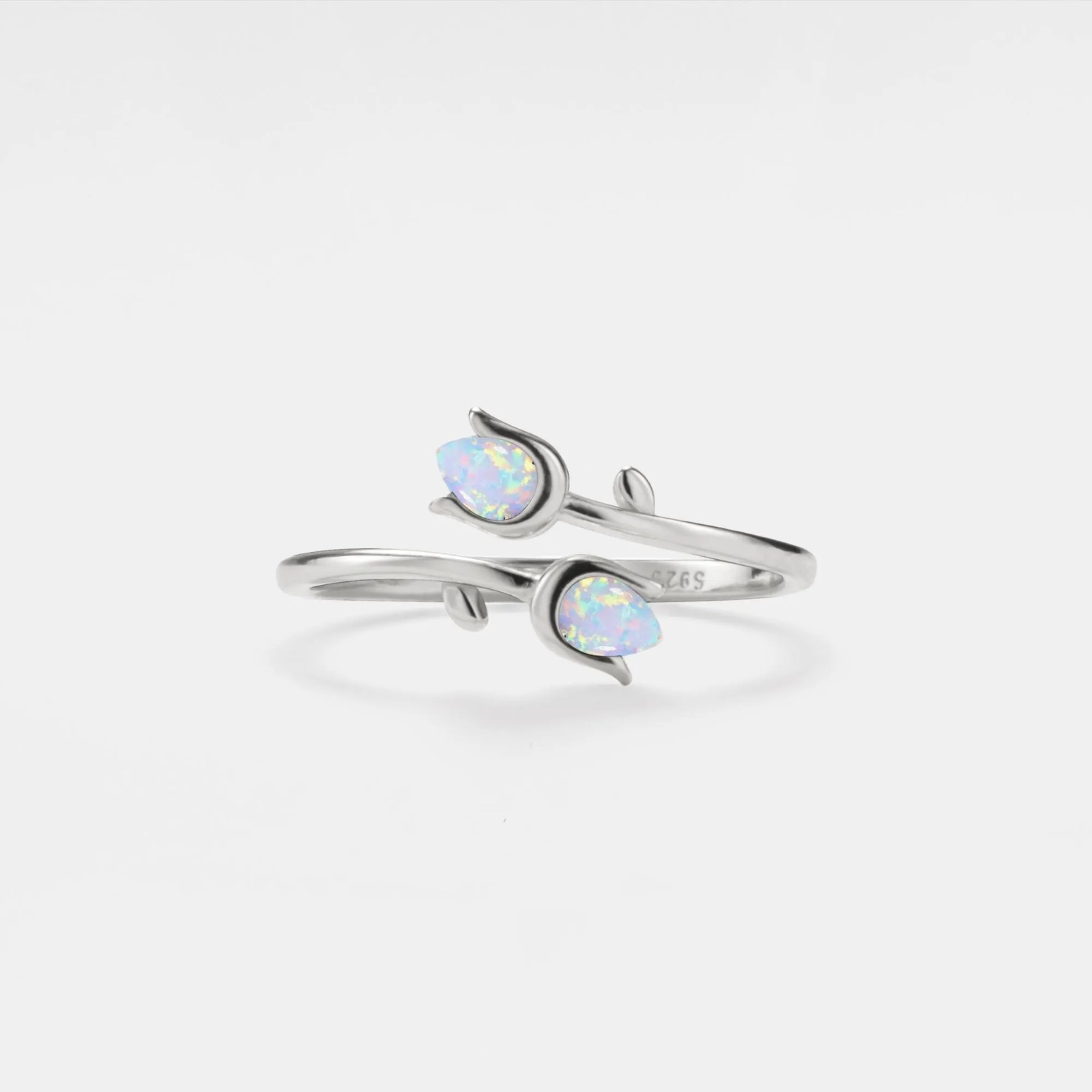 Dainty Opal Tulip Flower Stacking Bypass Ring in 925 Sterling Silver