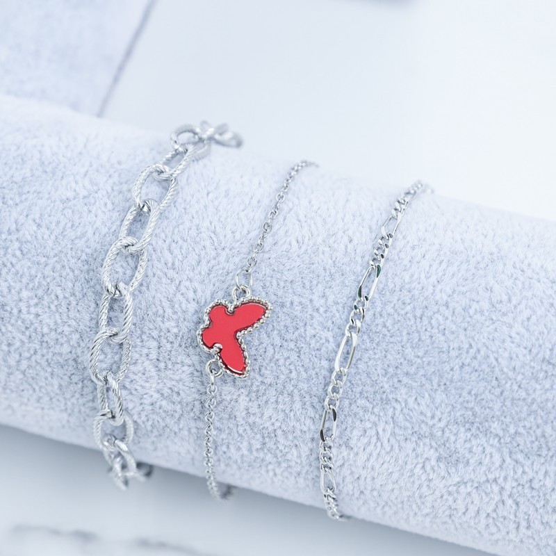 Bracelet 3CS Silver Set Red Butterfly Charm Layered Chain Adustable Women Gift