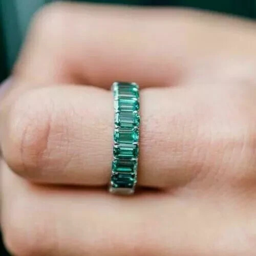 Lab Created Green Emerald Full Eternity Wedding Band Ring 14K White Gold Plated