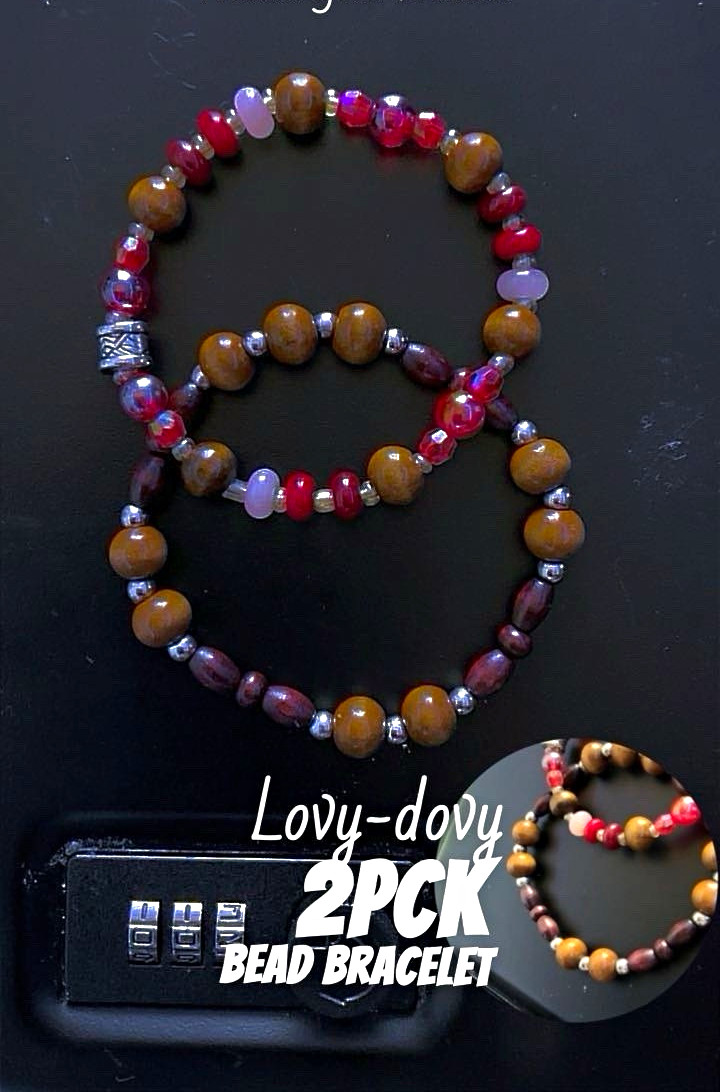 Handcrafted 2-Pack Stackable Beaded Bracelets, Round Beads Brown/Red/Pink