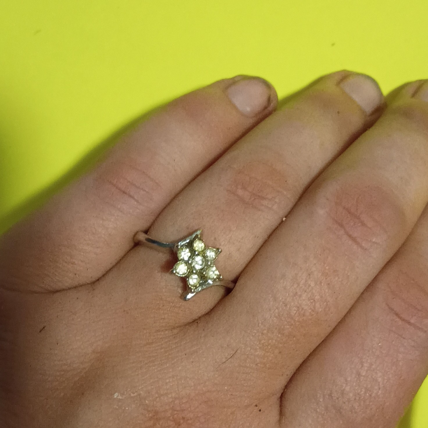 Gold Tone Metal Flower Cluster Cocktail Ring, Round White Stones, Prong Set