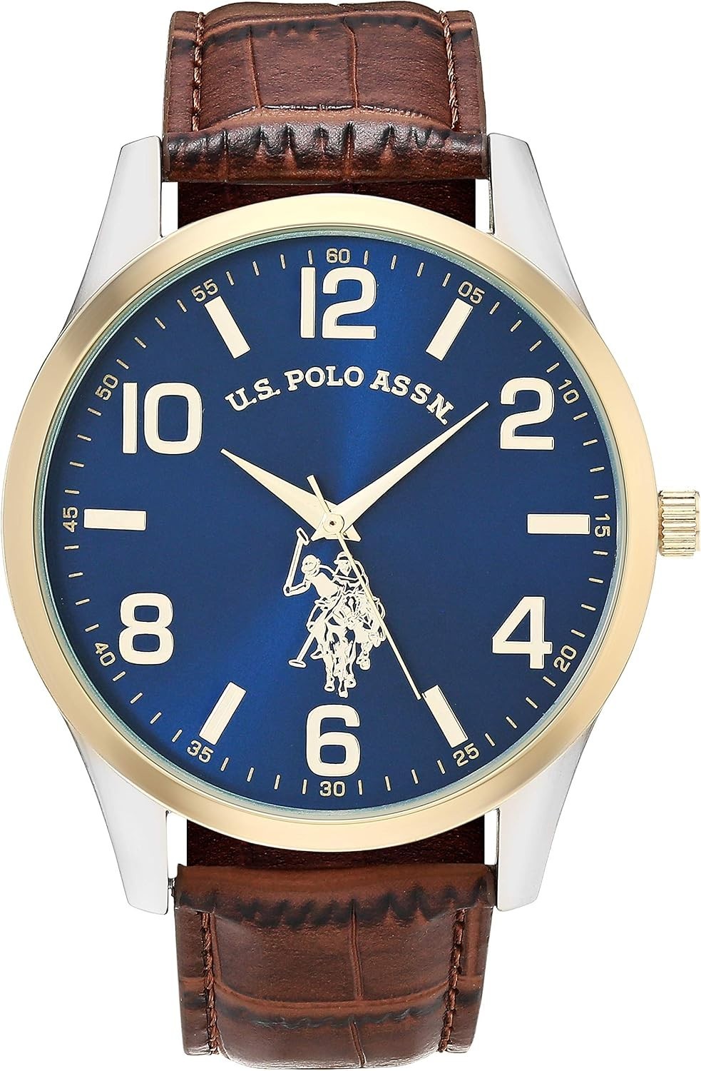 U.S. Polo Assn. Men’s Quartz Dress Watch – Blue Dial, Gold Bezel, Brown Strap