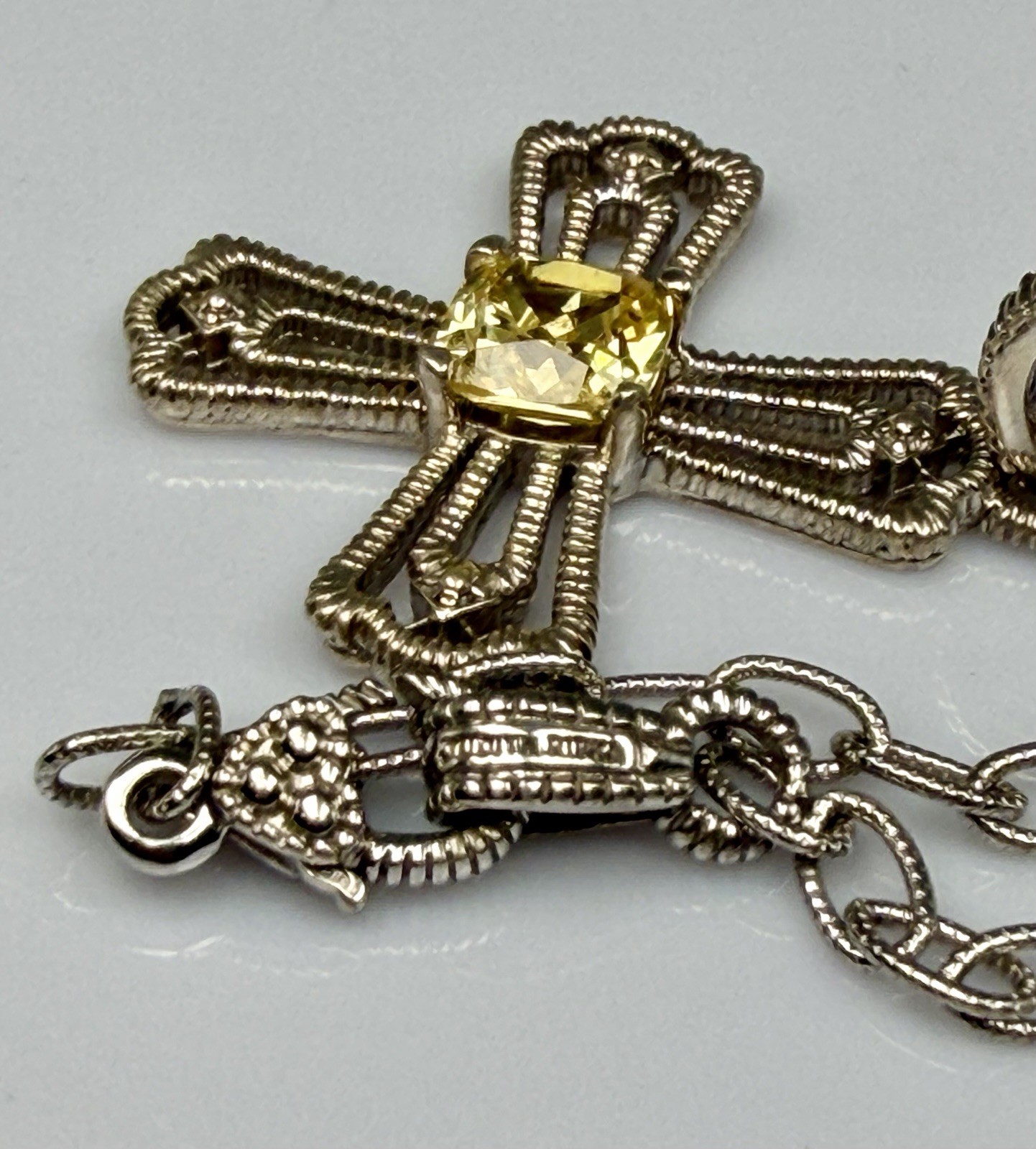 Judith Ripka Sterling Silver Canary Quartz Cross Pendant Station Link Chain