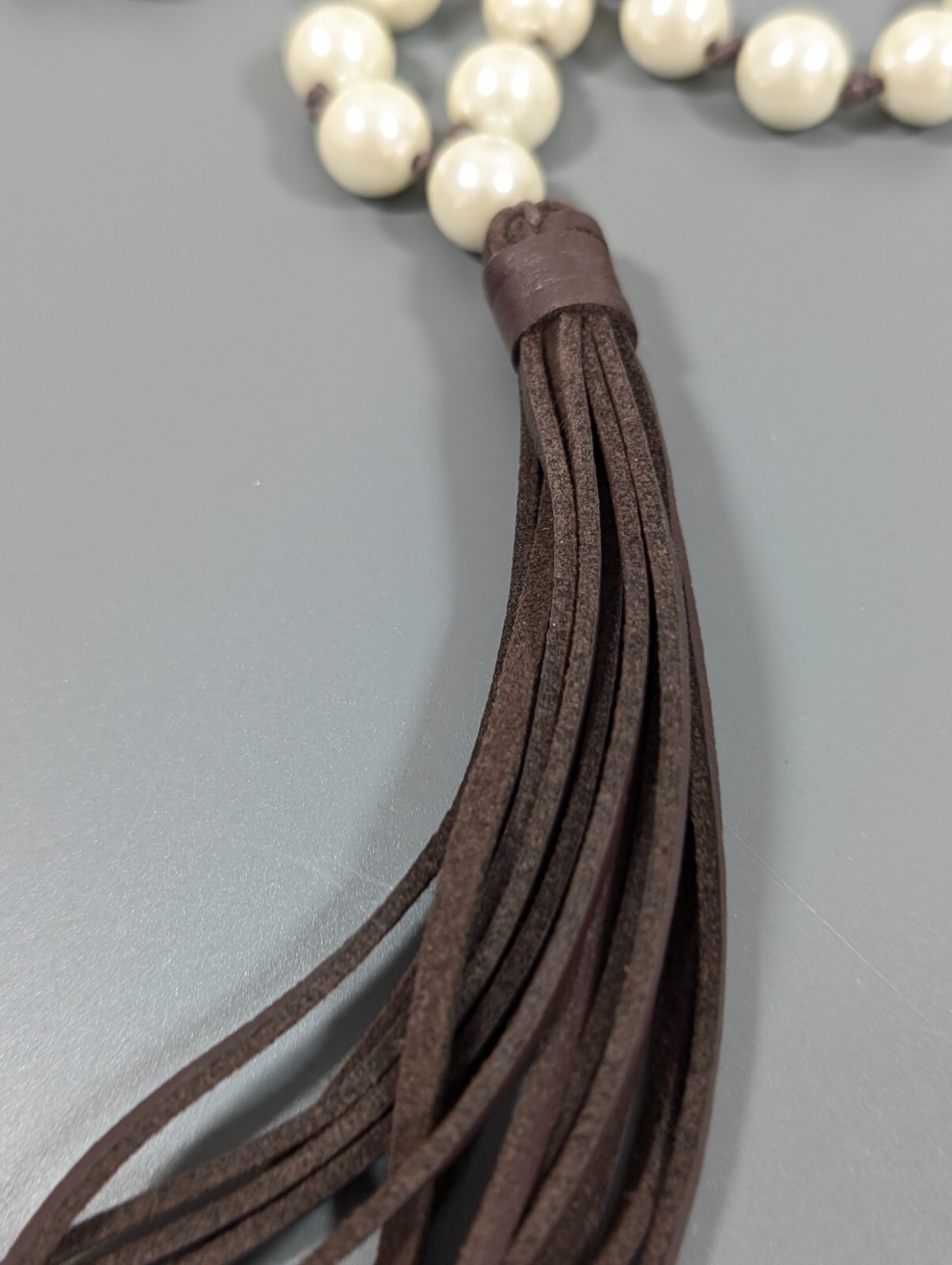 Retro Boho Ivory Color Glass Faux Pearl Brown Tassel Layering Necklace 33 in