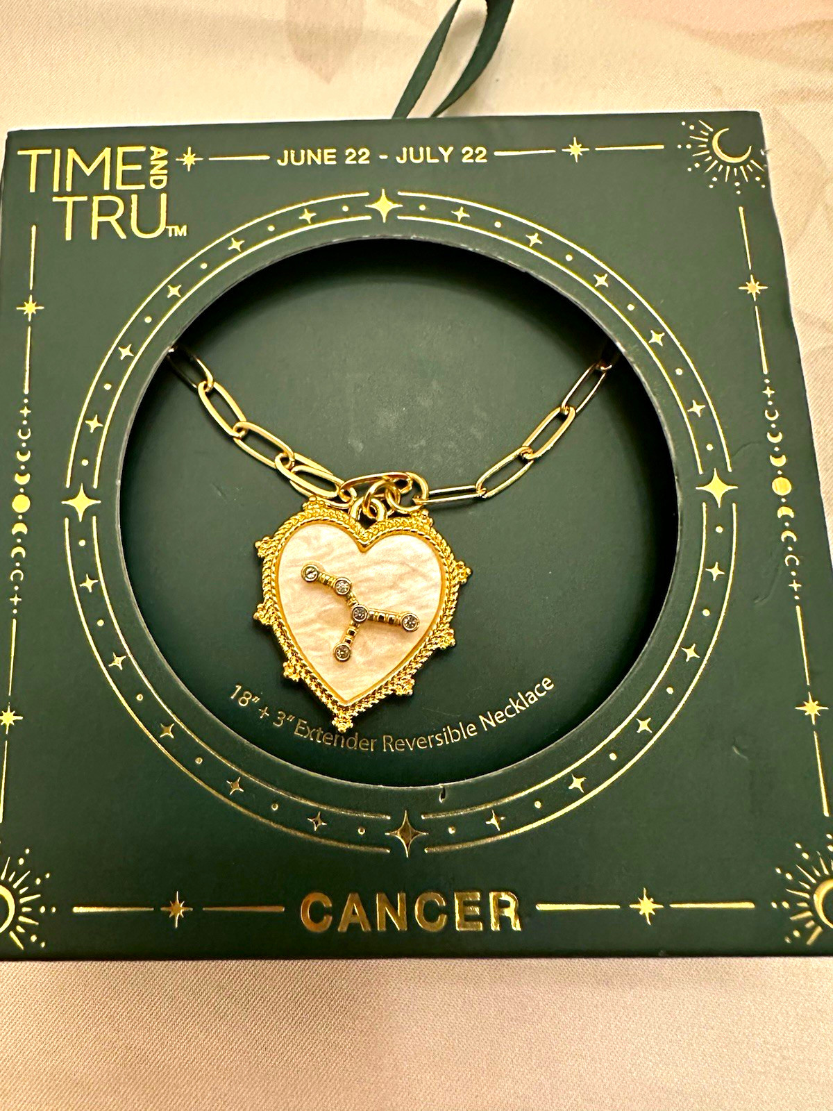 Time and Tru Reversible Cancer Zodiac Heart Charm Pendant Link Necklace 18inch