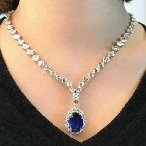 13Ct Oval Cut Lab Created Sapphire Women’s Tennis Necklace 14K White Gold Plated