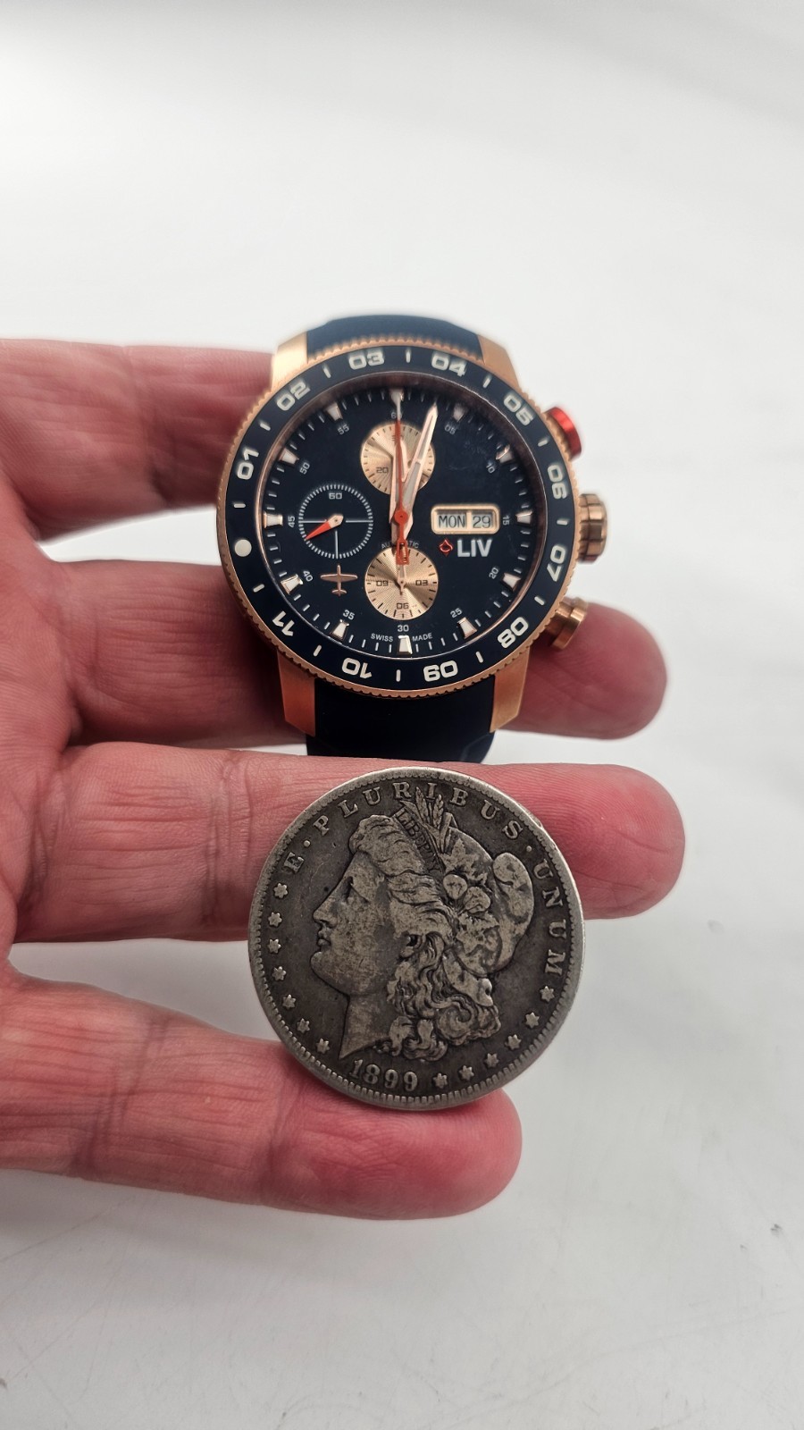 LIV P-51 Rose Titanium 46mm Blue Day Date Automatic Chrono Watch Limited 465/500
