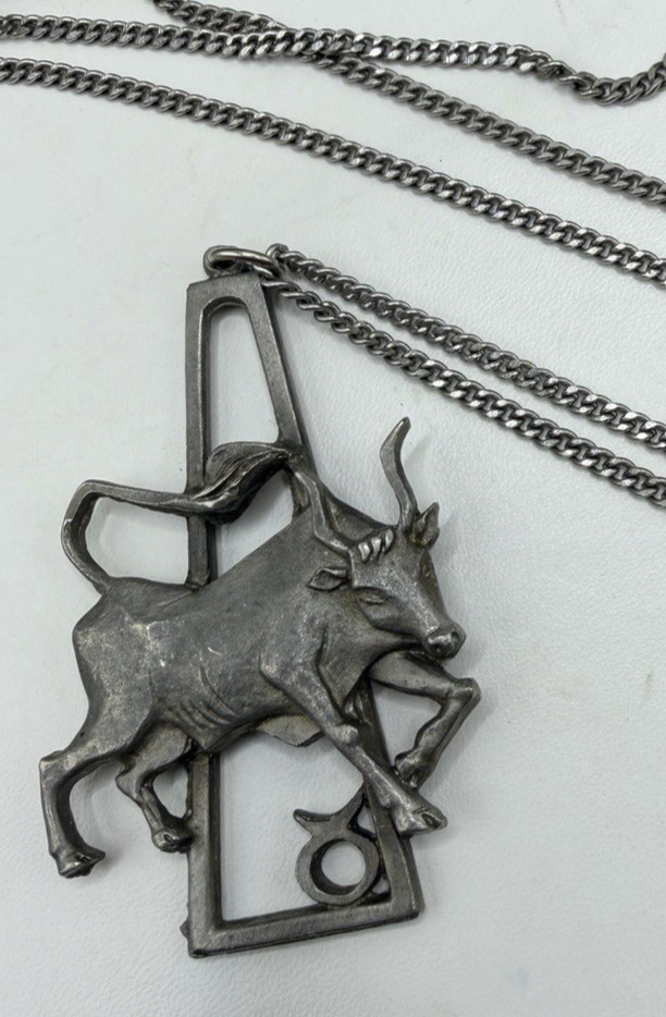 Vintage 1970s Taurus Necklace Zodiac Sign Astrology Cathedral Pewter 24″