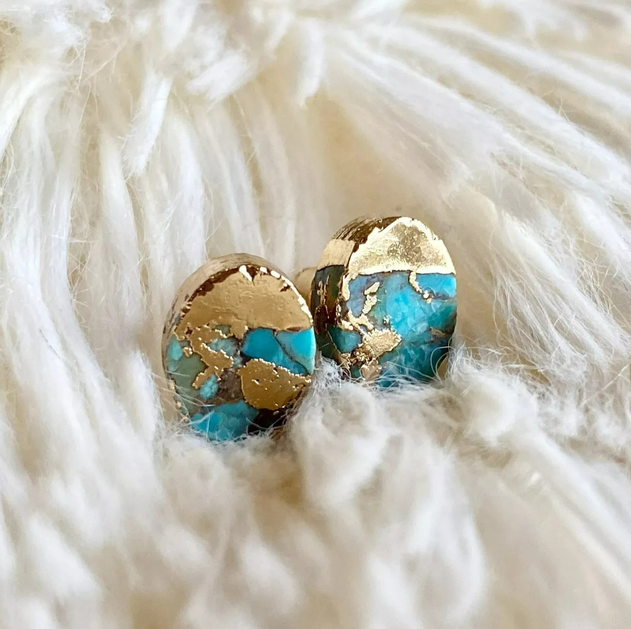 Handmade Genuine Turquoise Stone Stud Earrings Blue Gemstone Gold Plated Earring