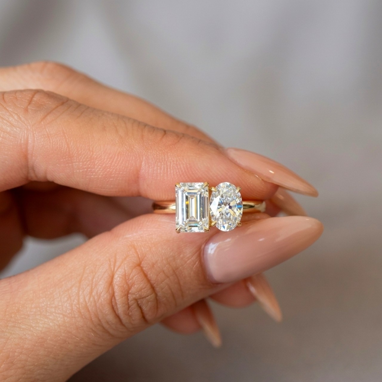 3 CT Emerald & Oval Moissanite Toi Et Moi Engagement Ring Yellow Gold Plated 925