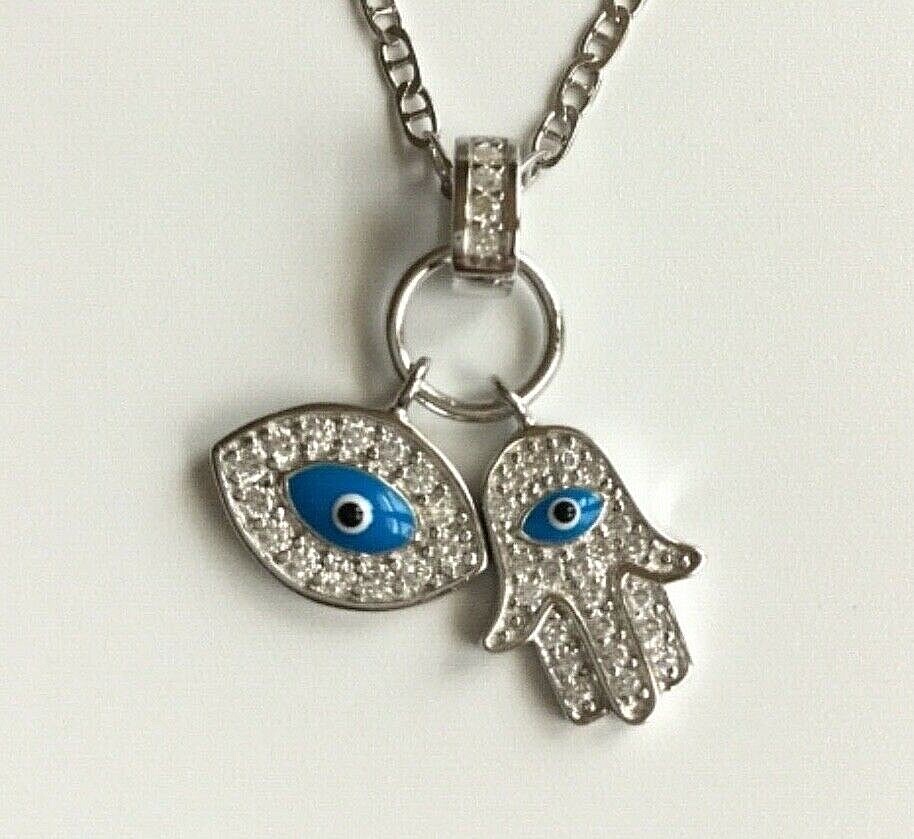 925 SILVER HAMSA EYE MARINER LINK NECKLACE 16″ / CADENA PLATA MANO,OJO-SN14