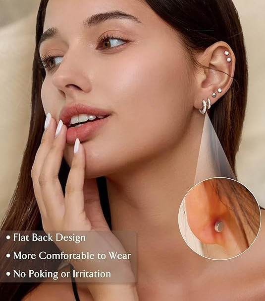 Surgical Stainless Steel Flat Back Stud Earrings Set Silver Small Huggie Hoop