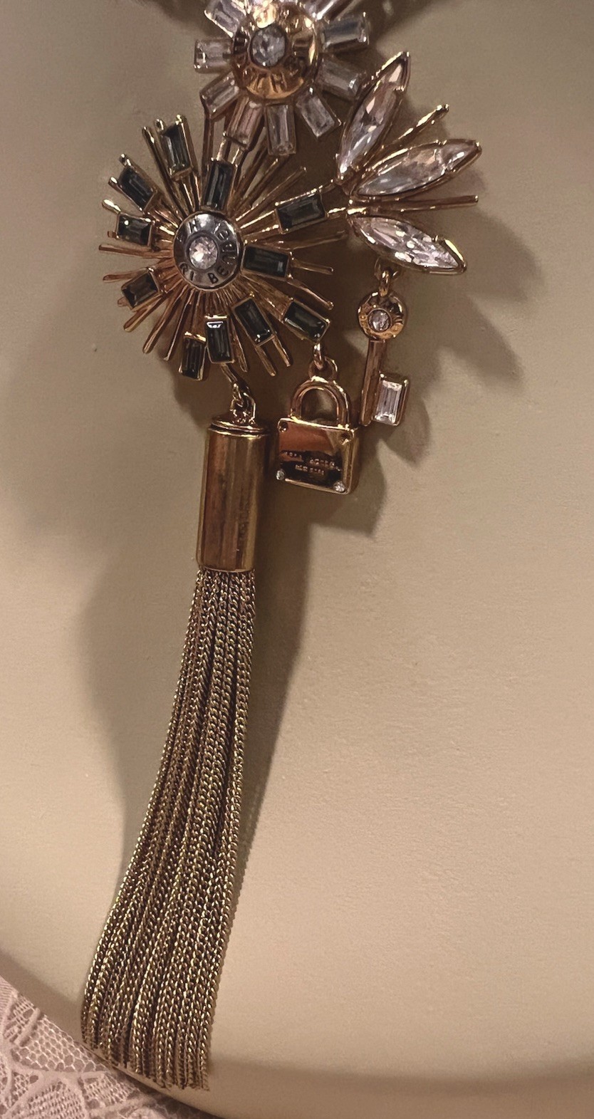 Henri Bendel 712 NY Crystal Padlock Key Statement Tassel Necklace Long 32″