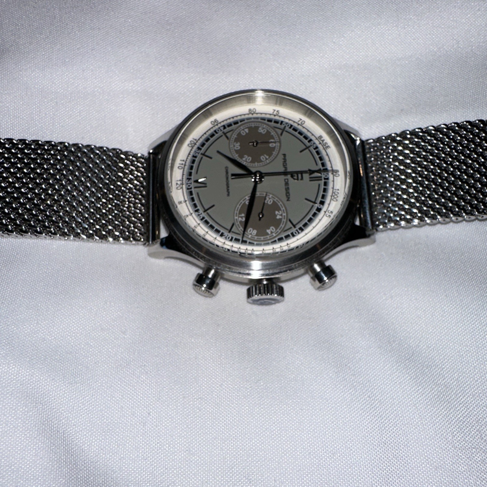 PAGANI DESIGN Quartz Chronograph Silver Dial Steel Mesh 100m WR 40-43.9mm