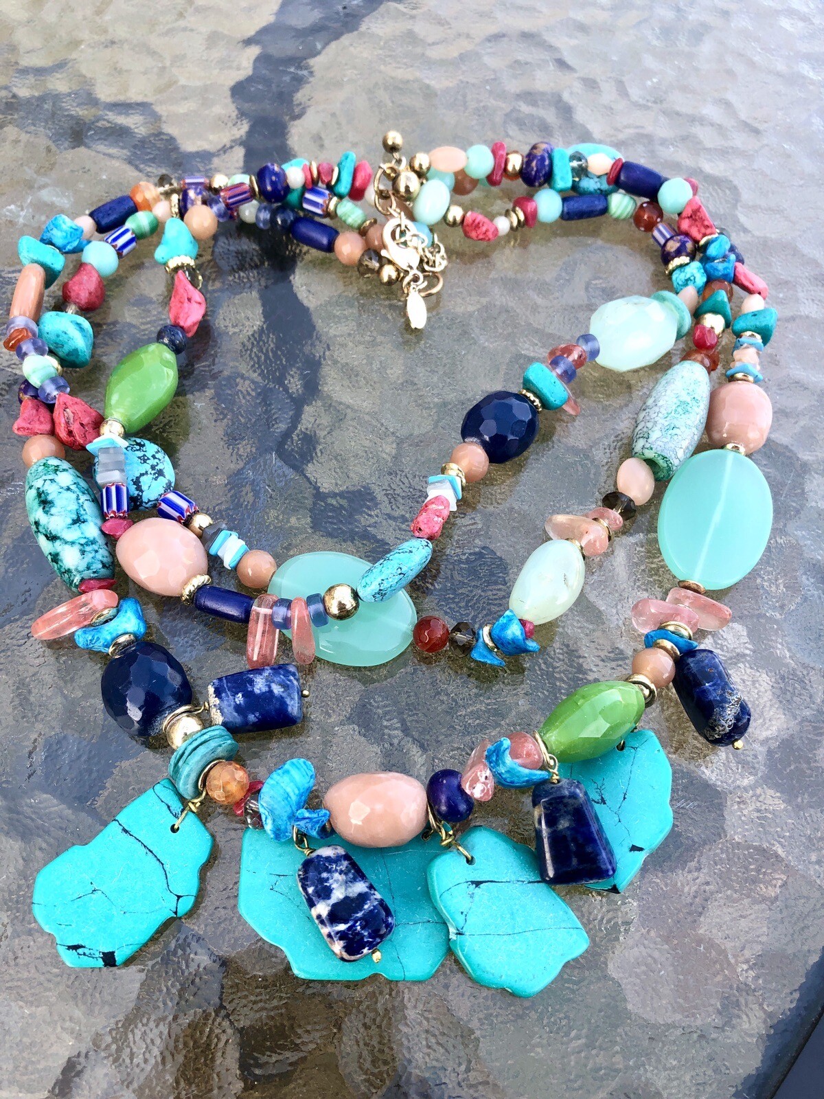 Chico’s Huge Chunky Triple Strand Semi Precious Stone Runway Statement Necklace