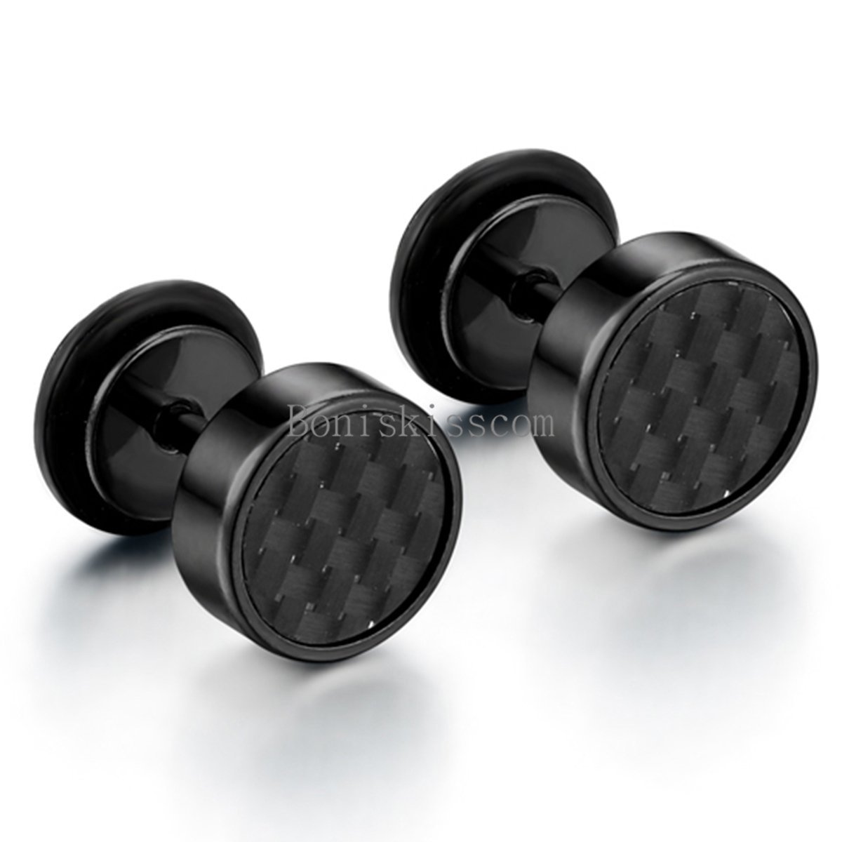 Men’s Women’s Stainless Steel Carbon Fiber 8mm Round Barbell Stud Earrings 2Pcs