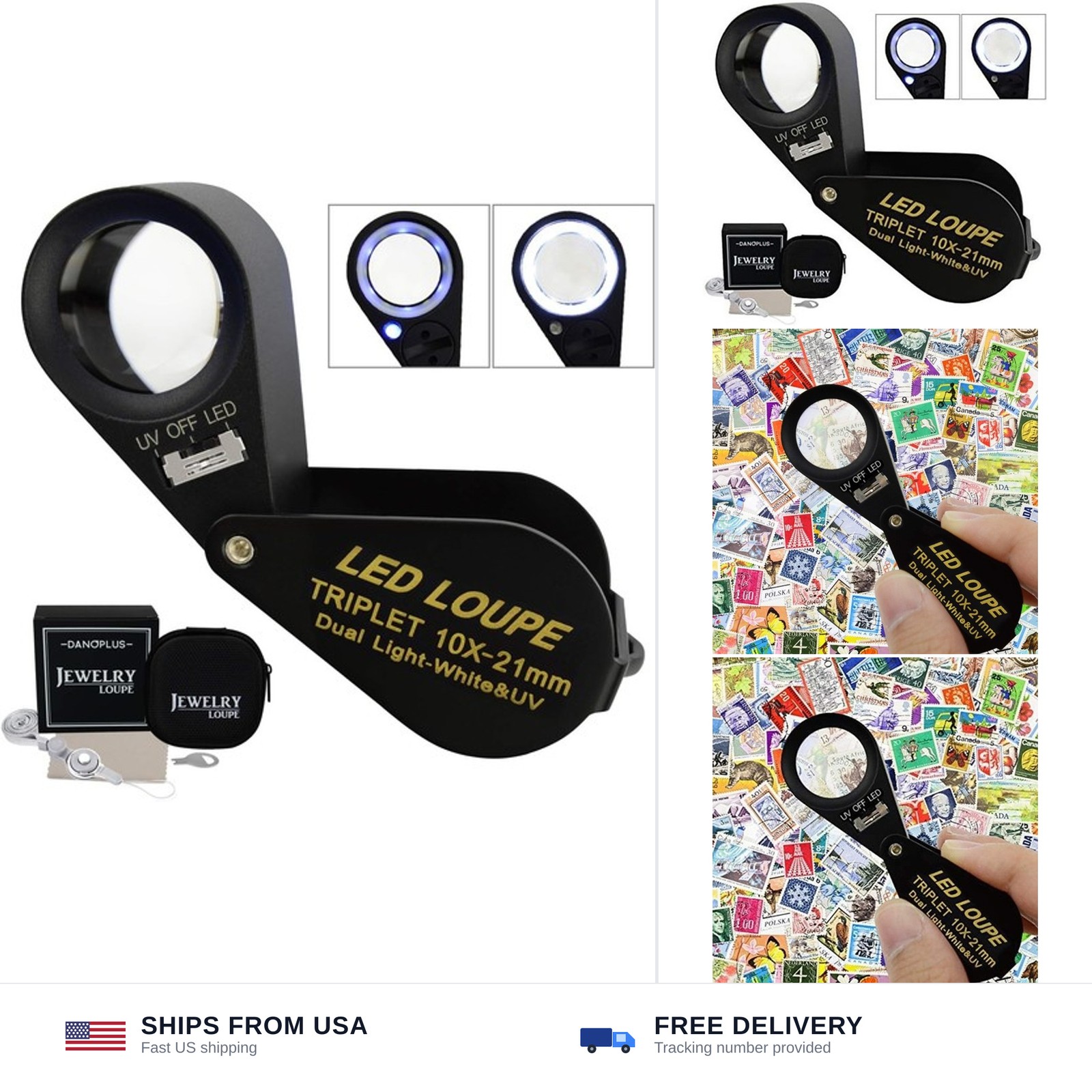 10x Magnifier Jewelry Loupe LED UV 21mm Triplet Lens Optical Glass Pocket Gem…