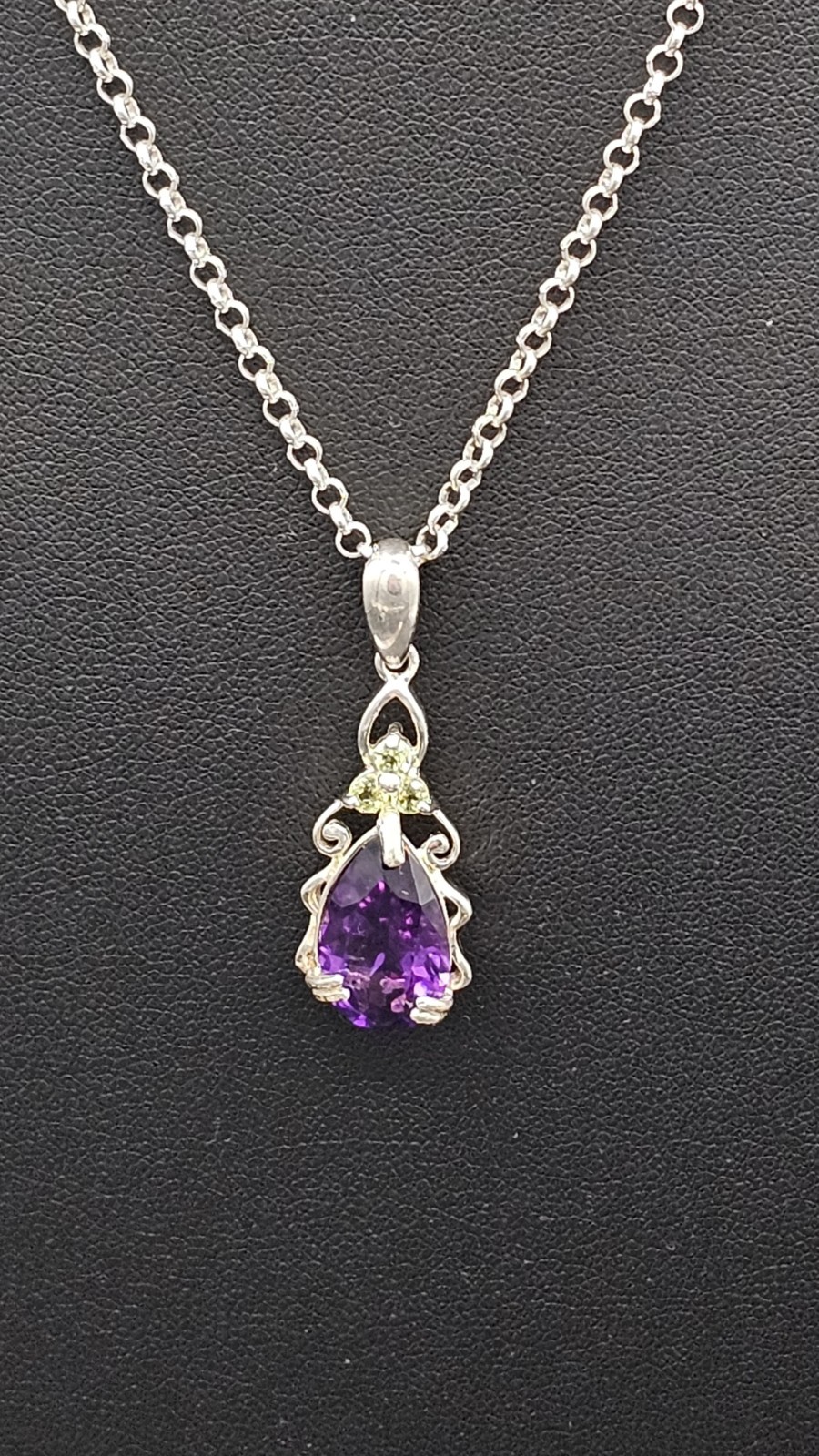 925 Sterling Silver Amethyst Peridot Necklace Pear Pendant 18in Chain 7.36g