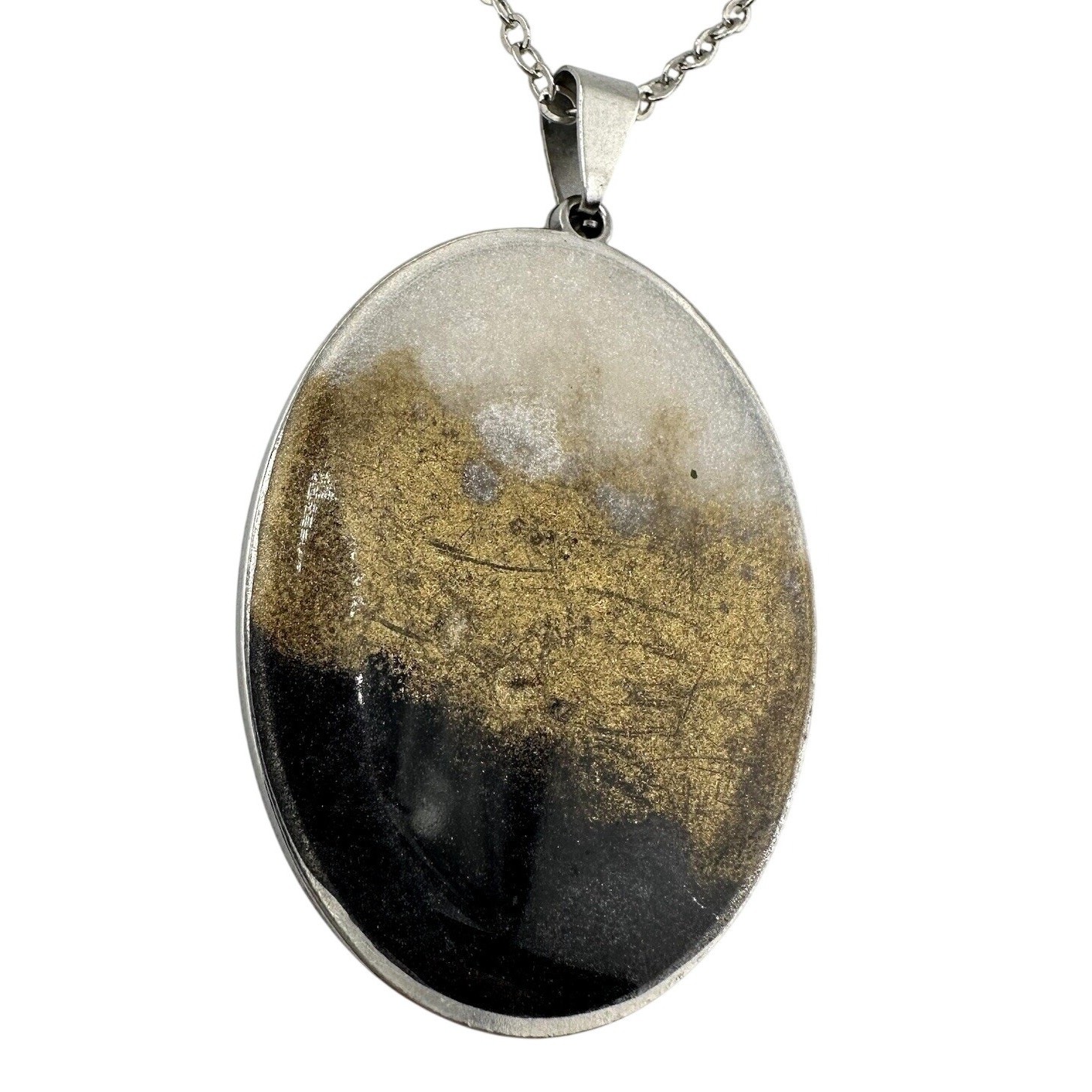 Minimalist Modern Black Gold White Resin Oval Pendant Silver Tone 17” Necklace