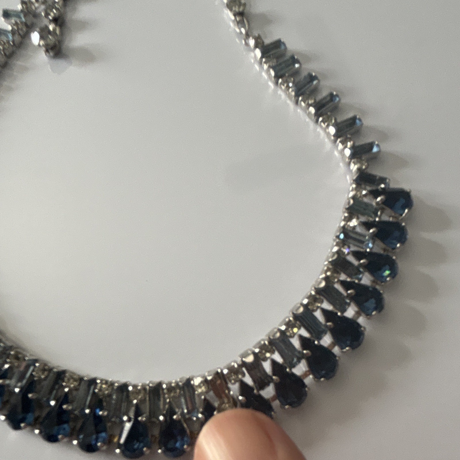 Silver Tone Blue Crystal Rhinestone Tennis Necklace Lobster Adjustable