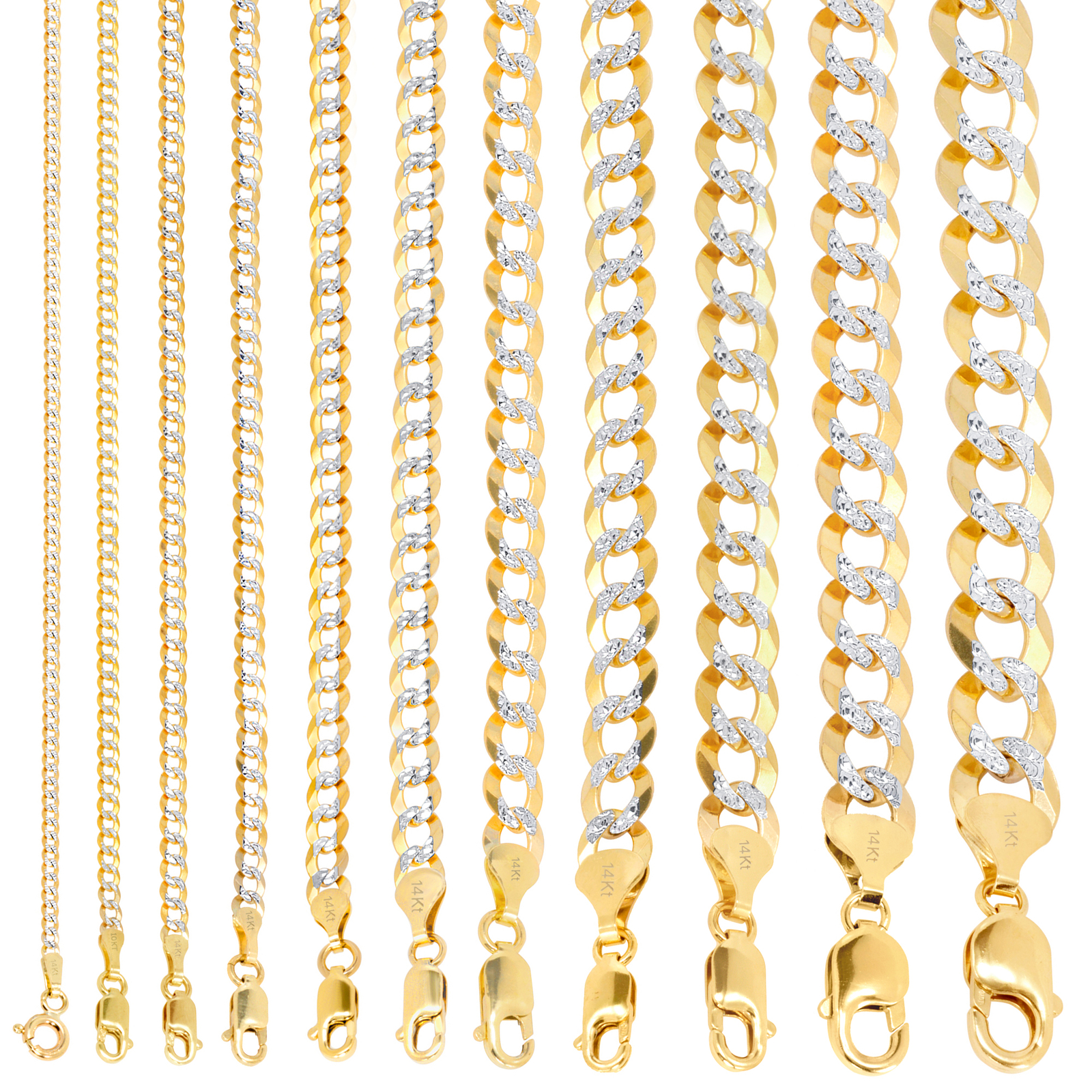 Solid 14K Gold 2-12mm Diamond Cut Pave Curb Chain Cuban Necklace Bracelet 7″-30″