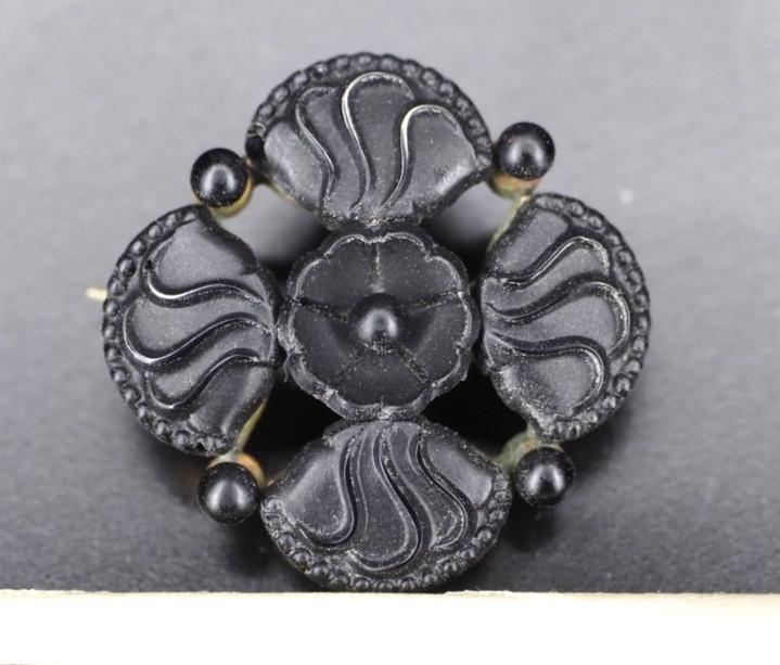 Antique jet Black Carved, Textured Glass Mourning Brooch Victorian Flower Pin