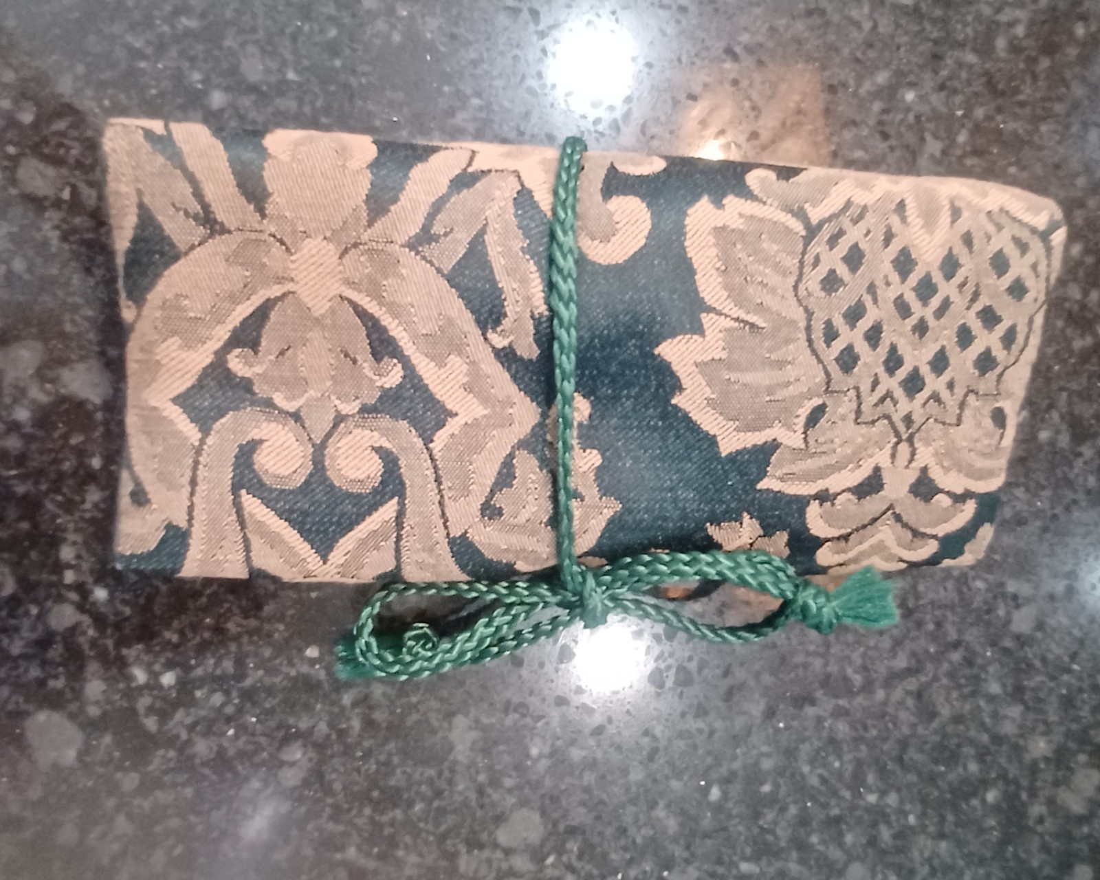 Vintage New Jewelry Roll, Travel Jewelry Roll Bag, Damask Green and Tan