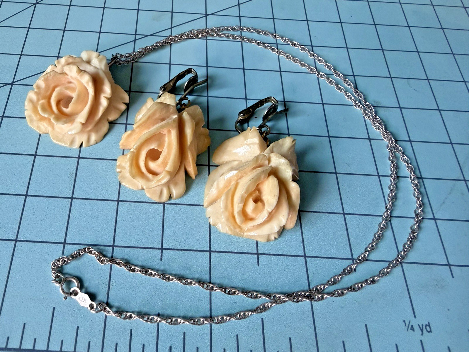 Vintage Chinese Export Carved Bovine Bone Rose Necklace and Drop Earring Set