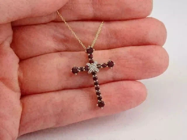 2.00Ct Round Cut Lab-Created Red Garnet Cross Pendant 14k Yellow Gold Plated