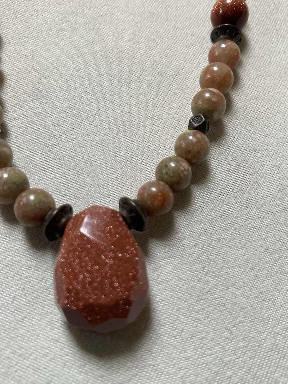 Gold SandStone Pendant On A 16” Choker Necklace Genuine Stones Metal Beads
