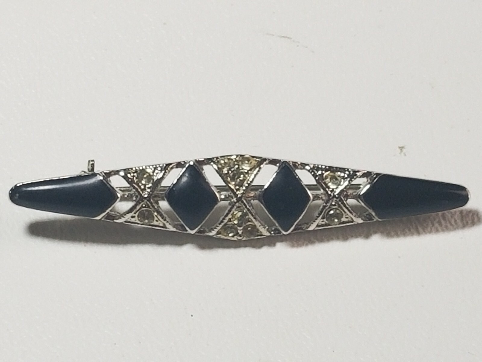Art Deco Style Faux? Onyx Rhinestone Pin Brooch 2-1/8 in.
