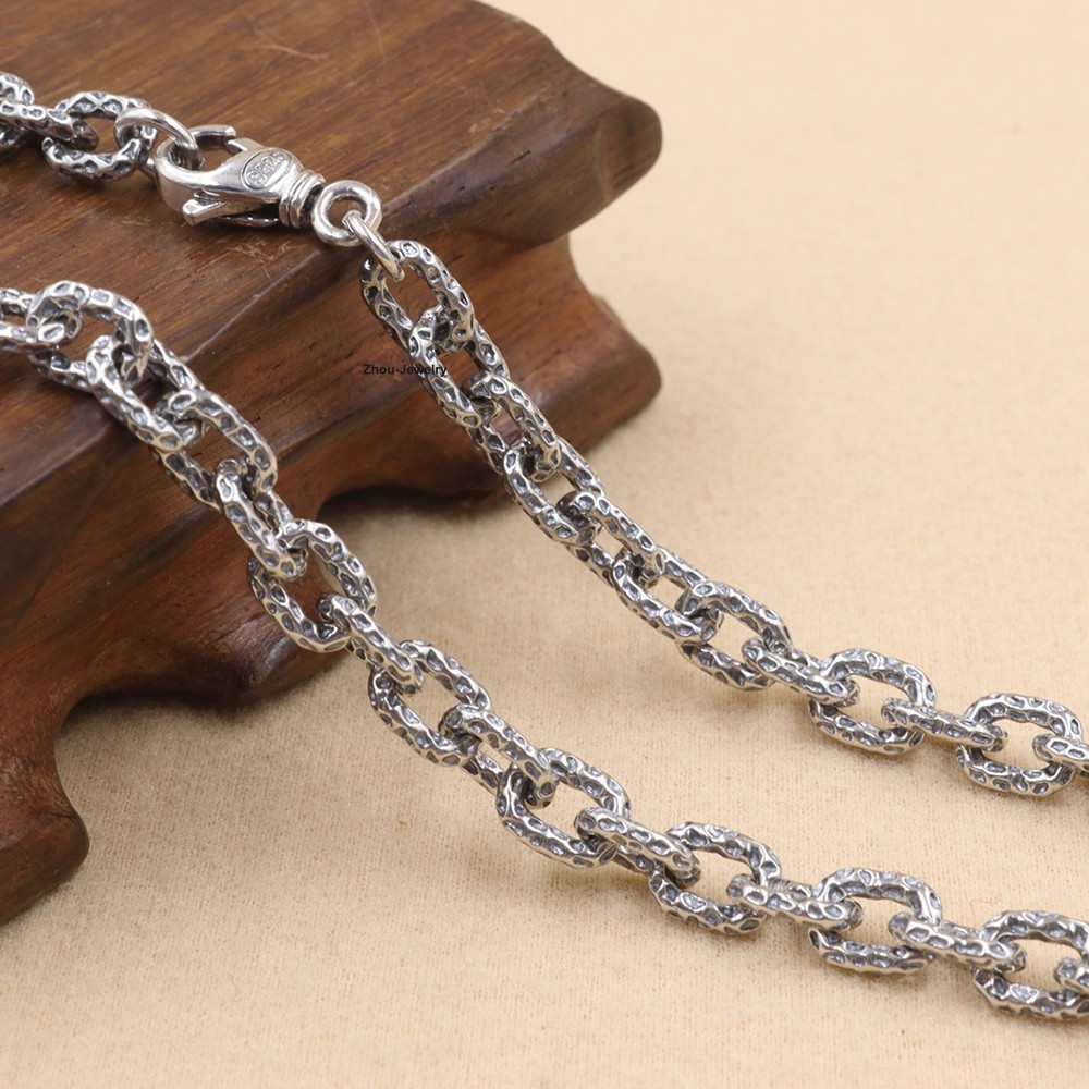 Real 925 Sterling Silver 6.5mm Hammered Cable Chain Necklace 21.6″L Jewelry Gift