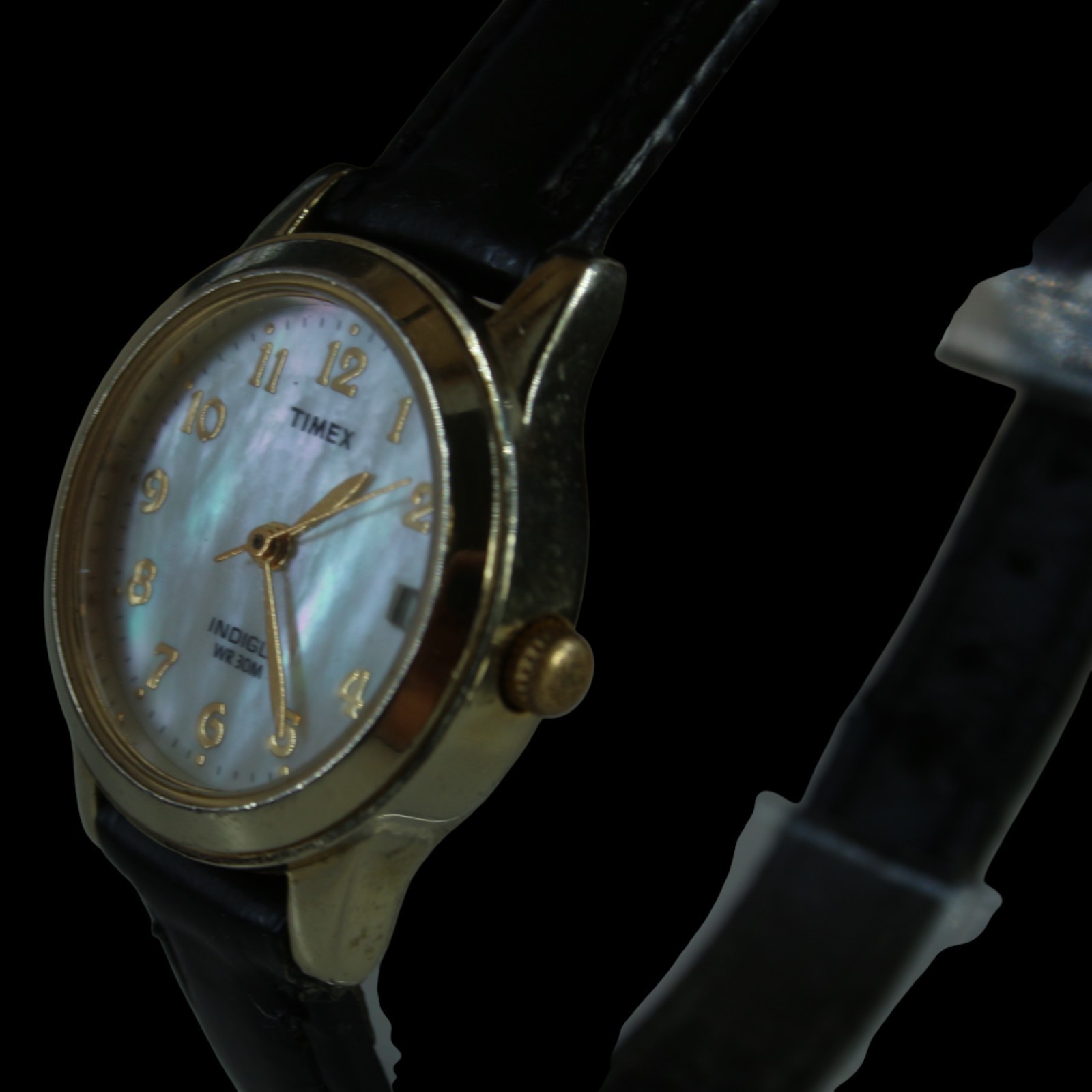 Timex Watch Lot Indiglo Easy Reader Gold & Black Leather Vintage MOP Pearl Work