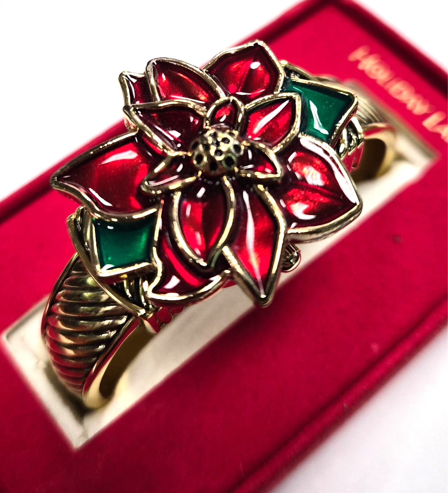 NOS Estate Macy’s Holiday Lane Christmas Poinsettia Hidden Flip Top Cuff Watch