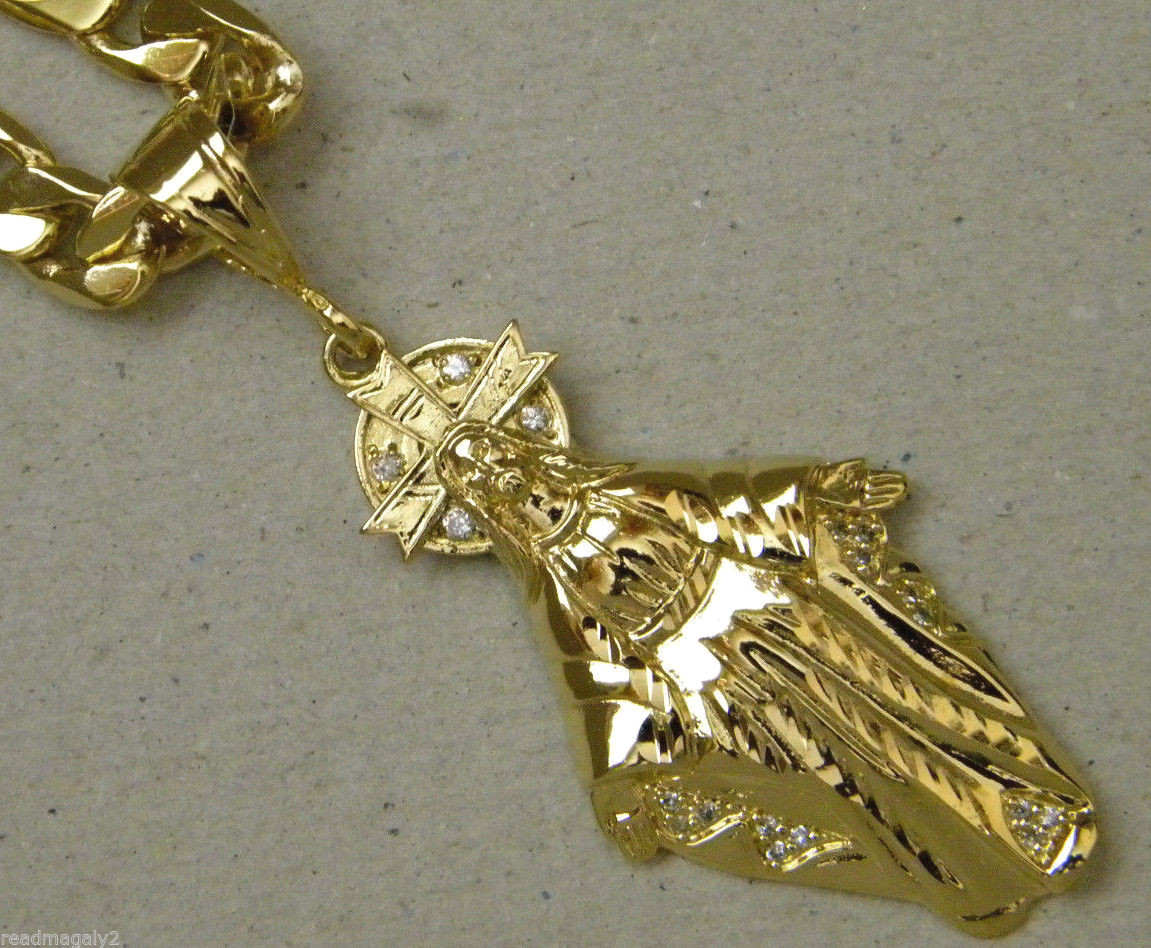 Men’s Yellow Gold Plated 13 CZ Miraculous Medal & 30in Long 9mm Curb Chain Set
