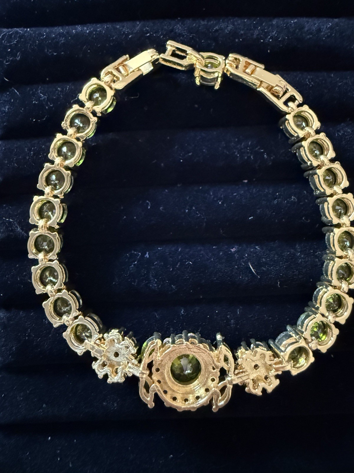 Yellow Gold Plated Green Round Stone Tennis Bracelet with Lobster Clasp