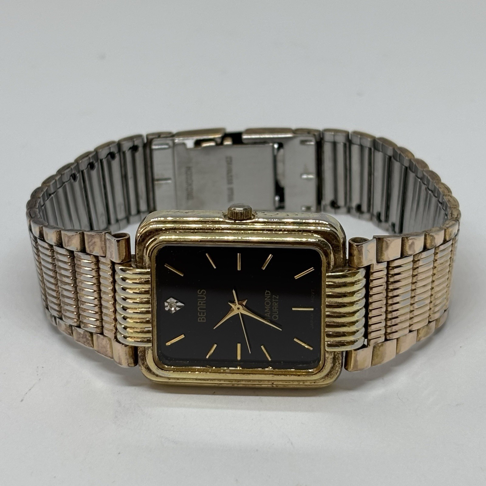 Benrus Diamond Quartz Tank Watch Gold Tone New Battery 28mm Please Read