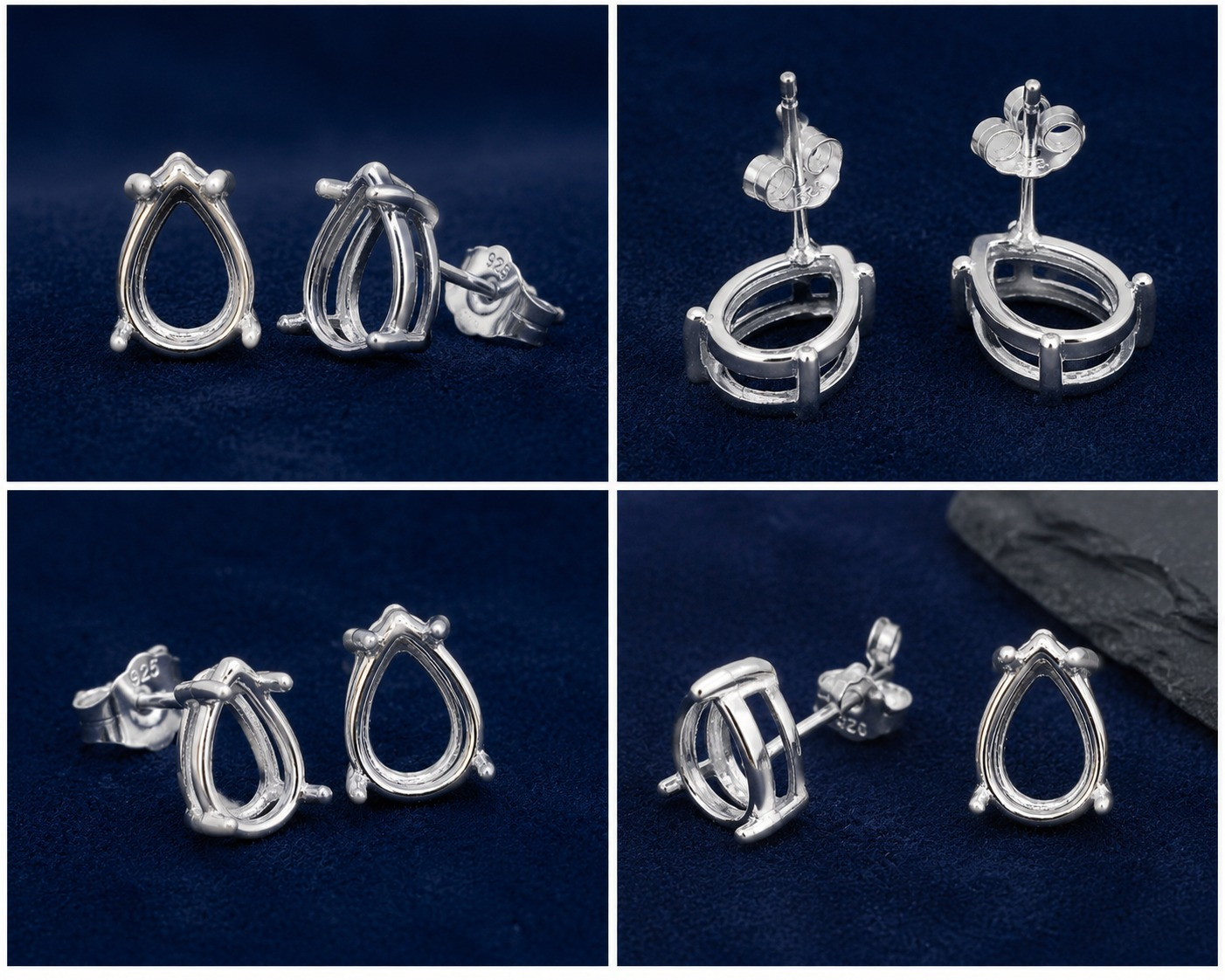 925 Sterling Silver 5x7mm Pear Prong Stud Earrings Semi Mount Jewelry Setting